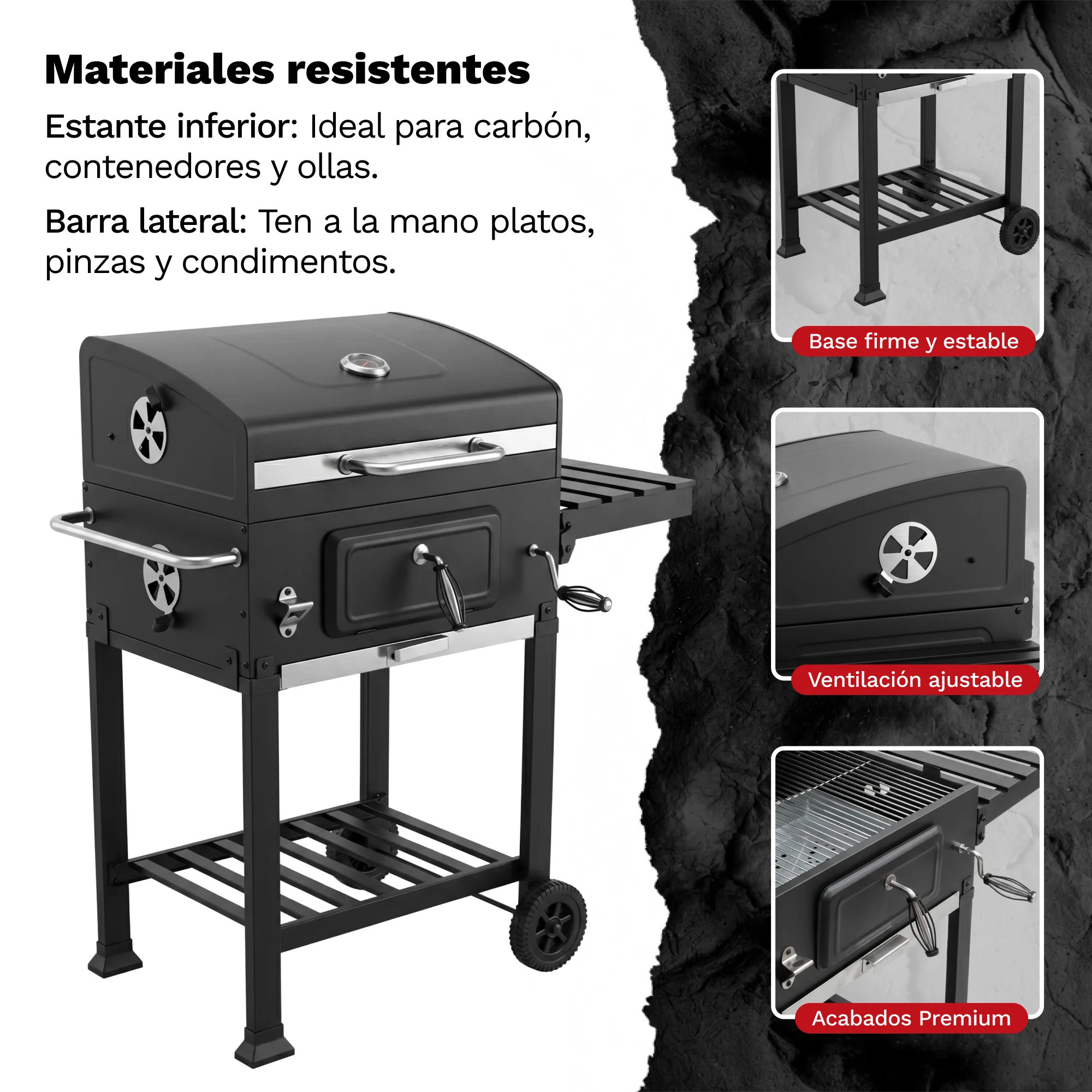 Asador de Carbón Rectangular GrillOn con Termometro - Imagen 3
